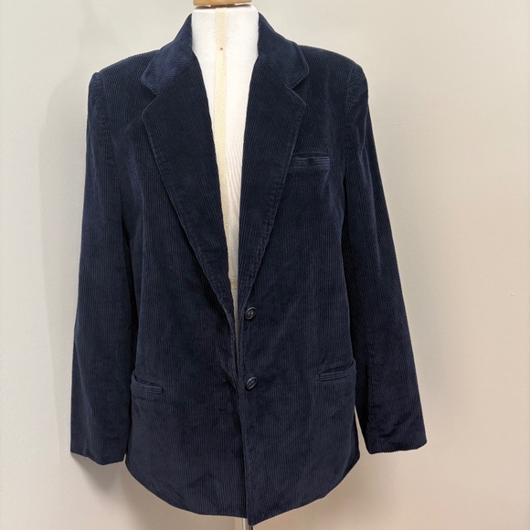 Vintage Jackets & Blazers - Vintage Preppy Minimalist Wide Wale Corduroy Navy Blazer Women’s M 80s Classic